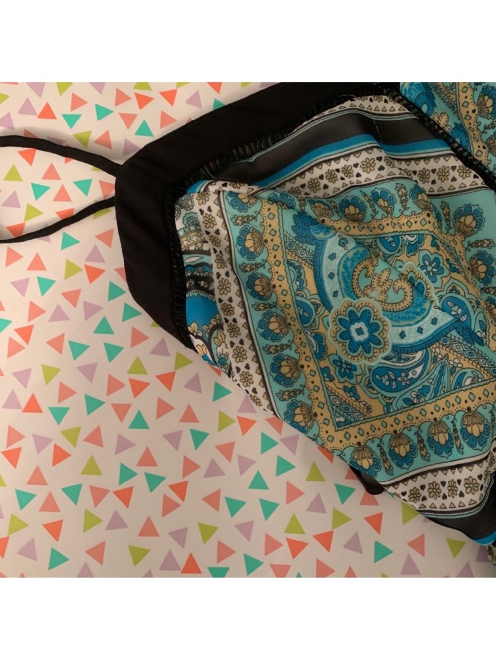 BISOU BISOU Michele Boho Teal Black Blue Green Tan Scarf Tile Print Size 2 - Picture 5 of 8
